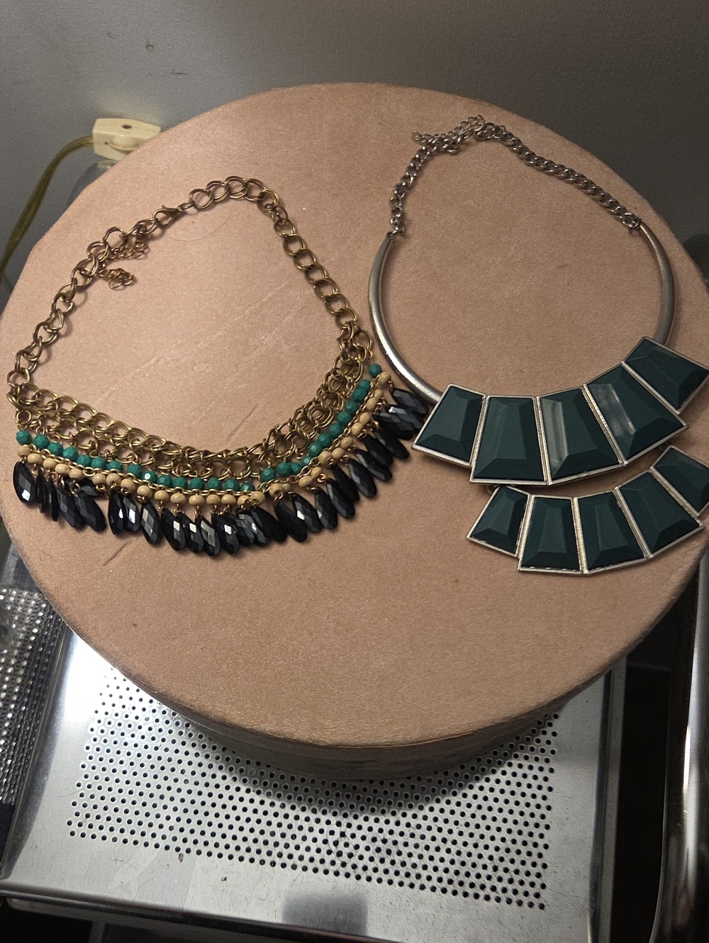 Gold and Teal Statement Necklace - Layered Beaded Fringe